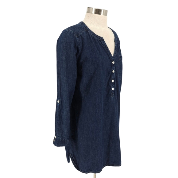 Express Denim Shift Shirt Dress Dark Wash Long Sleeve Button V Neck Large - Picture 2 of 7